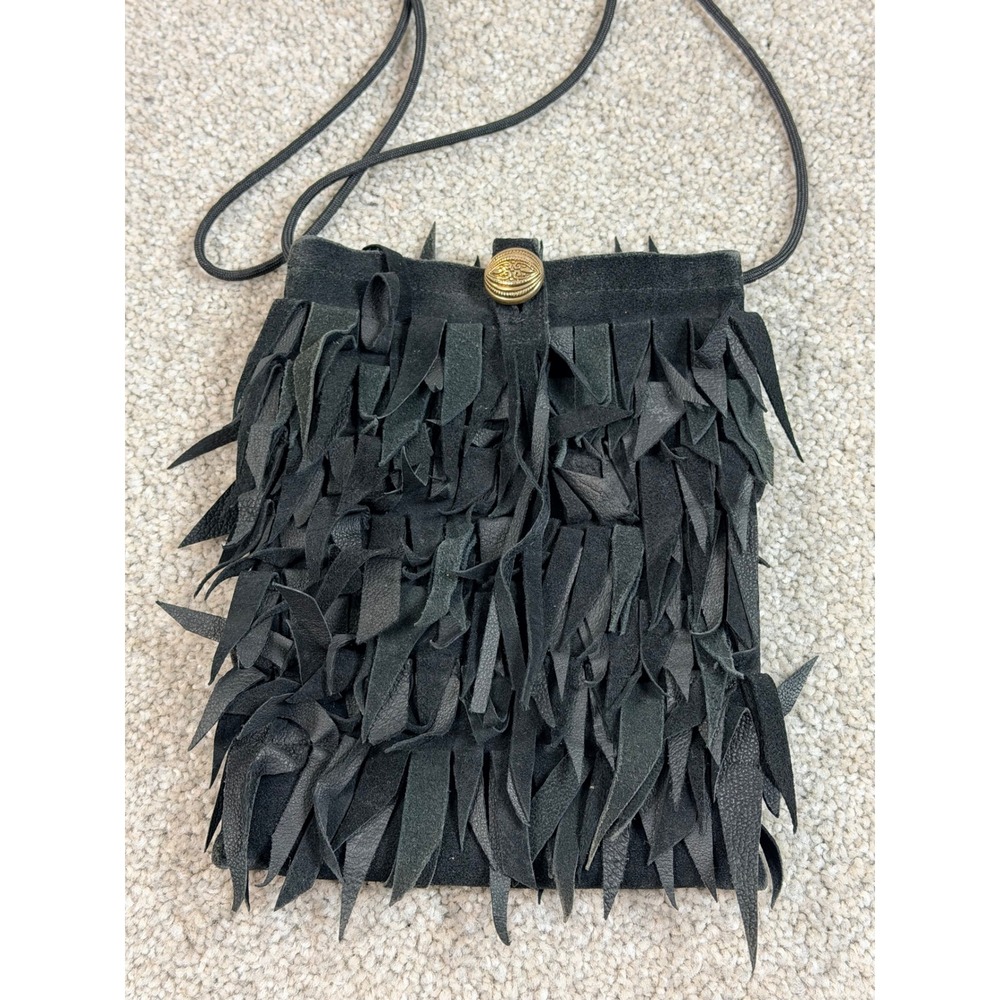 Kathryn Laibson Black Suede Fringed Crossbody Bag Boho Festival Button Closure - Picture 1 of 6